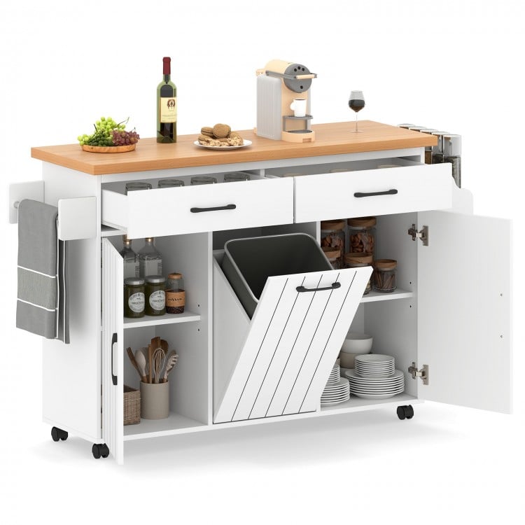 Mobile kitchen island table in white with a spacious top, adjustable shelves, and trash bag storage for dining.