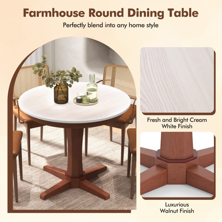 Round dining table with cream white MDF top and walnut pedestal base, perfect for gatherings in any home style.