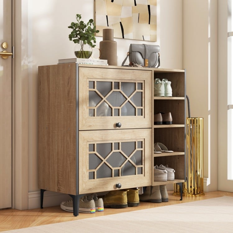 Rustic shoe cabinet in oak with flip-up see-through doors, adjustable shelves, and open storage for entryway.