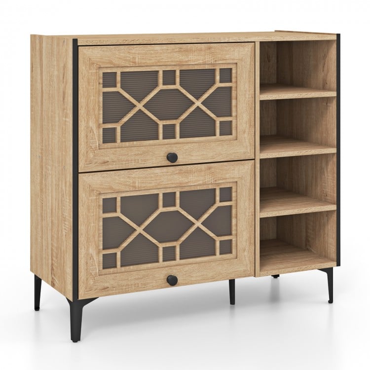 Rustic shoe cabinet with flip-up see-through doors, adjustable shelves, and 5-leg support for entryway organization.