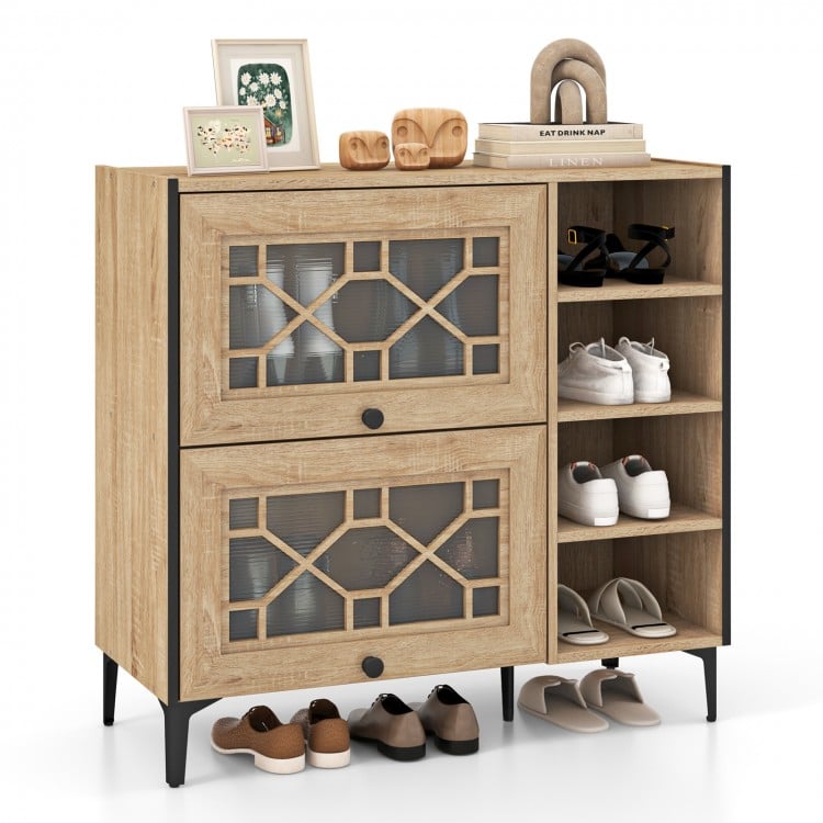 Rustic shoe cabinet featuring open shelves and a stylish design, perfect for entryway or hallway storage solutions.