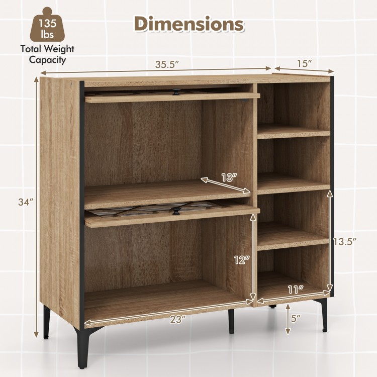 Dimensions of rustic shoe cabinet showcasing adjustable shelves and flip-up see-through doors for versatile storage.