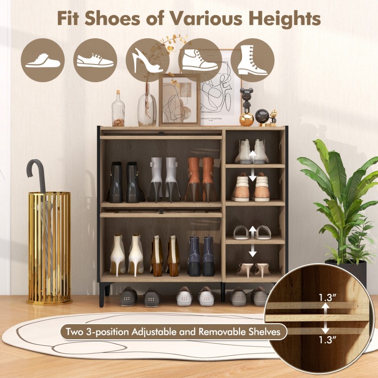 Rustic shoe cabinet with flip-up see-through doors, adjustable shelves, and 5-leg support for living room or entryway.