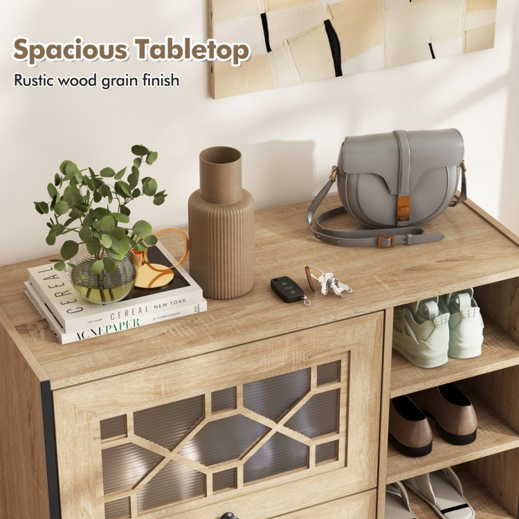Rustic shoe cabinet with spacious tabletop, flip-up see-through doors, and adjustable shelves for versatile storage.