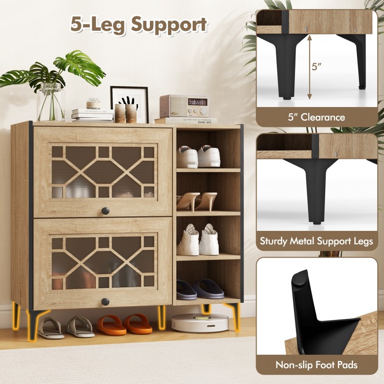 Close-up of rustic shoe cabinet's sturdy metal legs and non-slip foot pads, ensuring stability and floor protection.