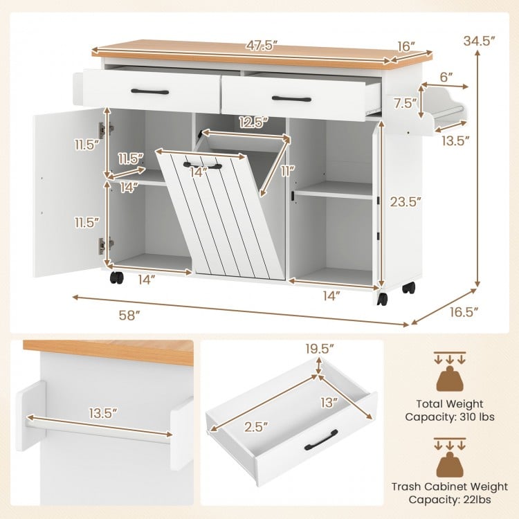 Mobile kitchen island table in white with trash bag storage, adjustable shelves, and lockable wheels for dining room.