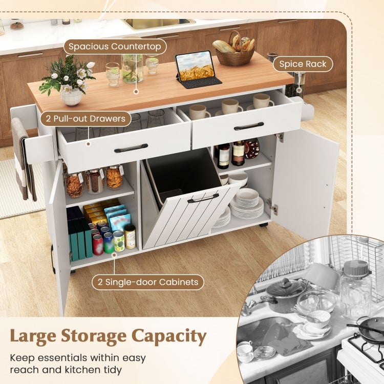 Mobile kitchen island table in white with spacious countertop, pull-out drawers, and trash bag storage for dining.