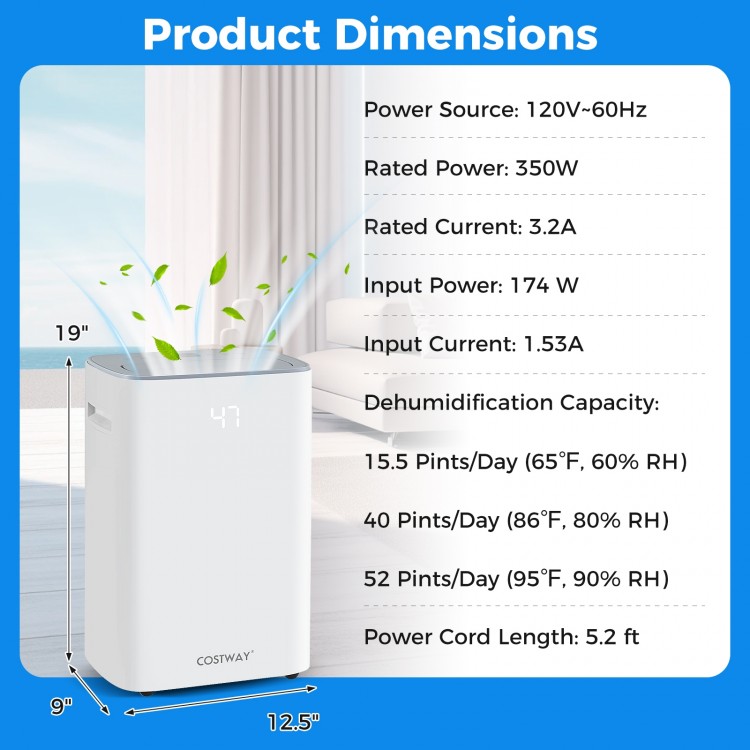 Dehumidifier with LED display and adjustable humidity settings, ideal for home use in basements or bedrooms.