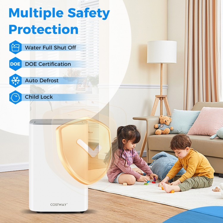 Dehumidifier with auto drain and manual drainage, featuring child lock and adjustable humidity for home use.