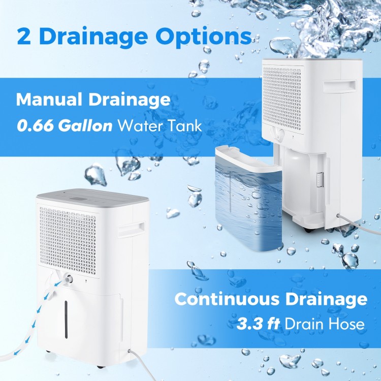 Dehumidifier showing manual and continuous drainage options with a 0.66-gallon tank and 3.3 ft drain hose for home use.