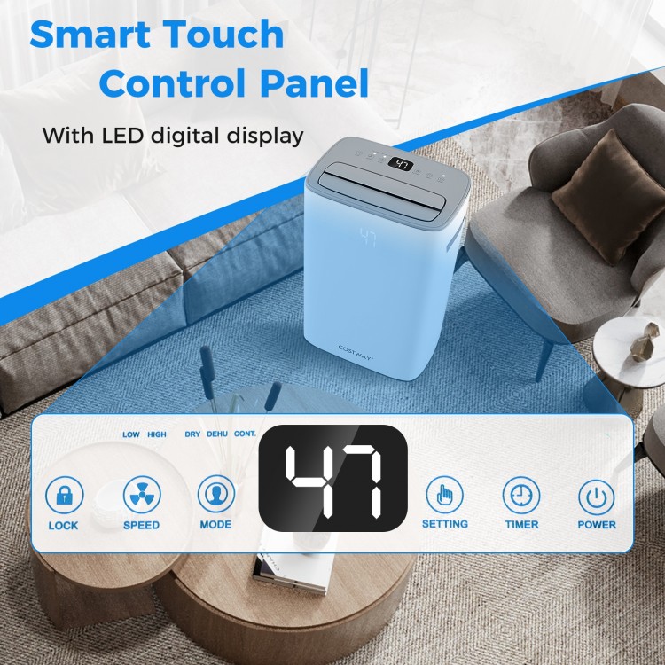 Dehumidifier with smart touch control panel and LED display, ideal for home use in basements or bedrooms.
