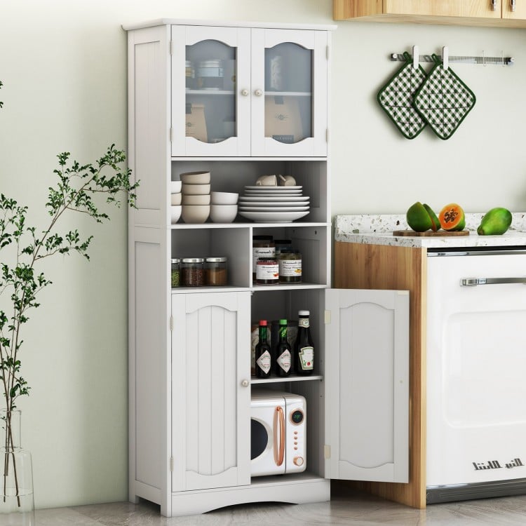 Freestanding white linen storage cabinet with magnetic catches and floor protective pads, perfect for kitchen or.