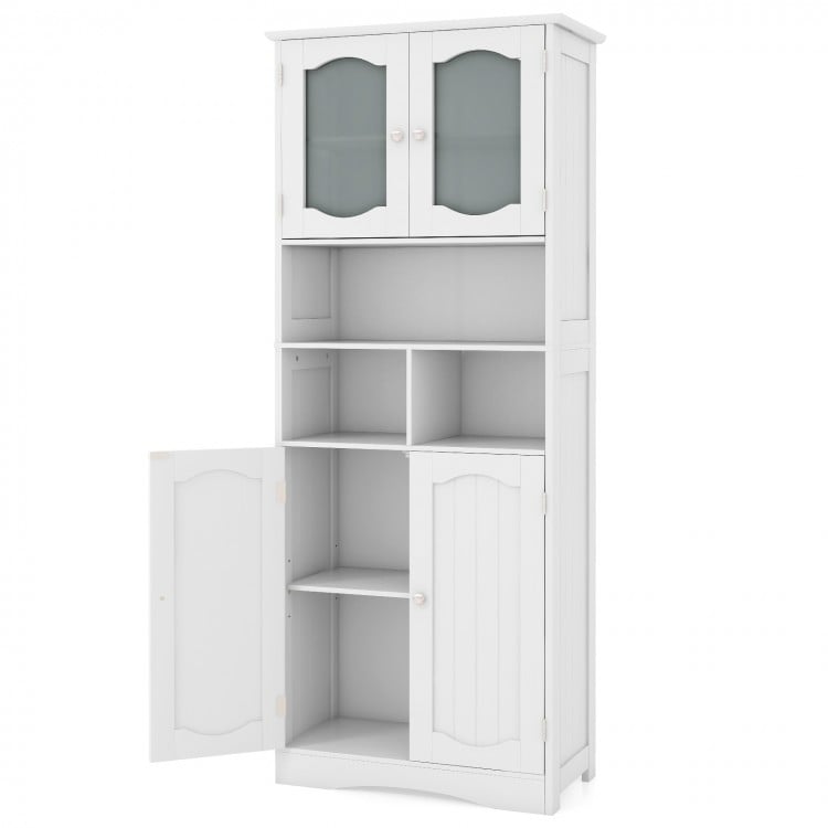 Freestanding white linen bathroom storage cabinet with frost glass doors, featuring 2 cabinets and 3 open compartments.