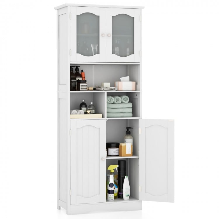 Freestanding bathroom storage cabinet with open compartments and elegant frost glass doors, ideal for versatile.