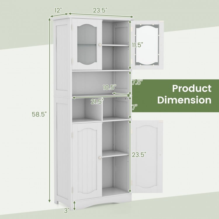 Freestanding linen bathroom storage cabinet with dimensions, featuring frost glass doors and adjustable shelves for.