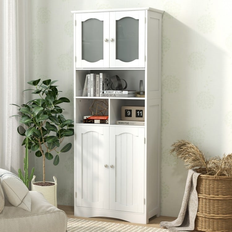 Freestanding white linen storage cabinet showcasing a classic design with adjustable shelves and tempered frost glass.