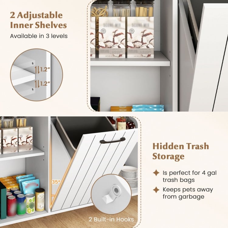 Mobile kitchen island table with hidden trash storage, adjustable shelves, and built-in hooks for garbage bags.