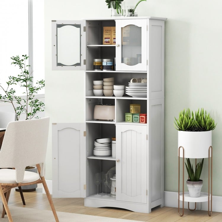 Freestanding white linen storage cabinet with frost glass doors, featuring adjustable shelves for versatile.
