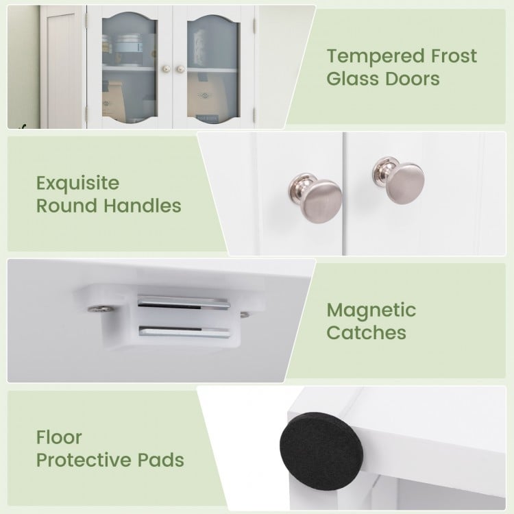 Freestanding bathroom storage cabinet with tempered frost glass doors, adjustable shelves, and exquisite round handles.
