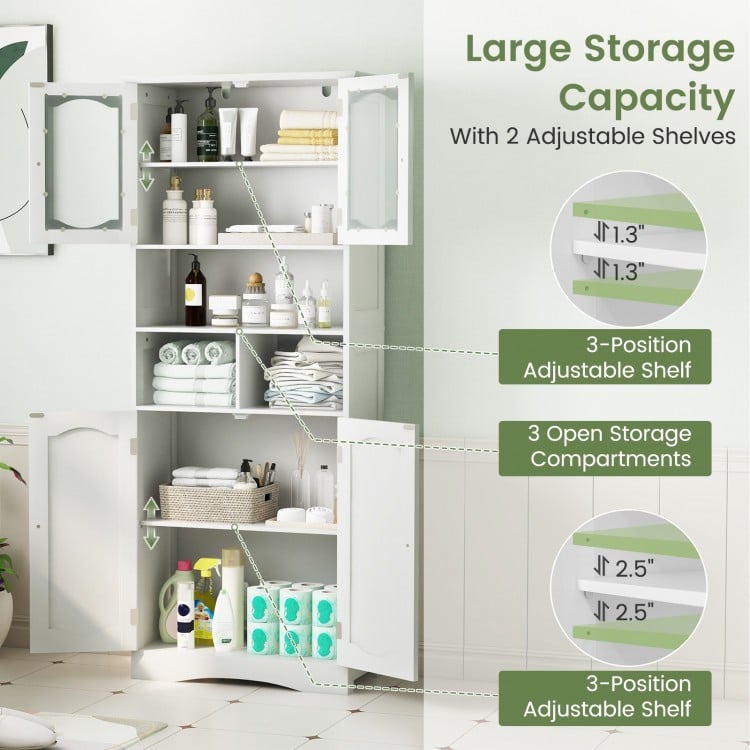 Freestanding bathroom storage cabinet with frost glass doors, featuring 2 adjustable shelves and large storage capacity.