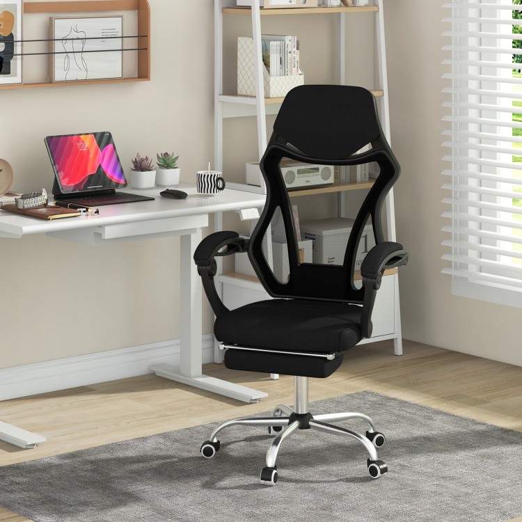 Ergonomic black mesh office chair with footrest, adjustable backrest, and linkage armrests for ultimate comfort.