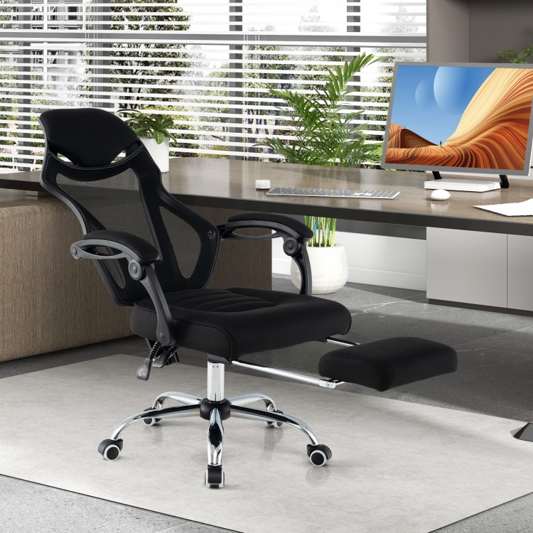 Ergonomic black mesh office chair with footrest, adjustable backrest, and wheels for comfortable workspace seating.