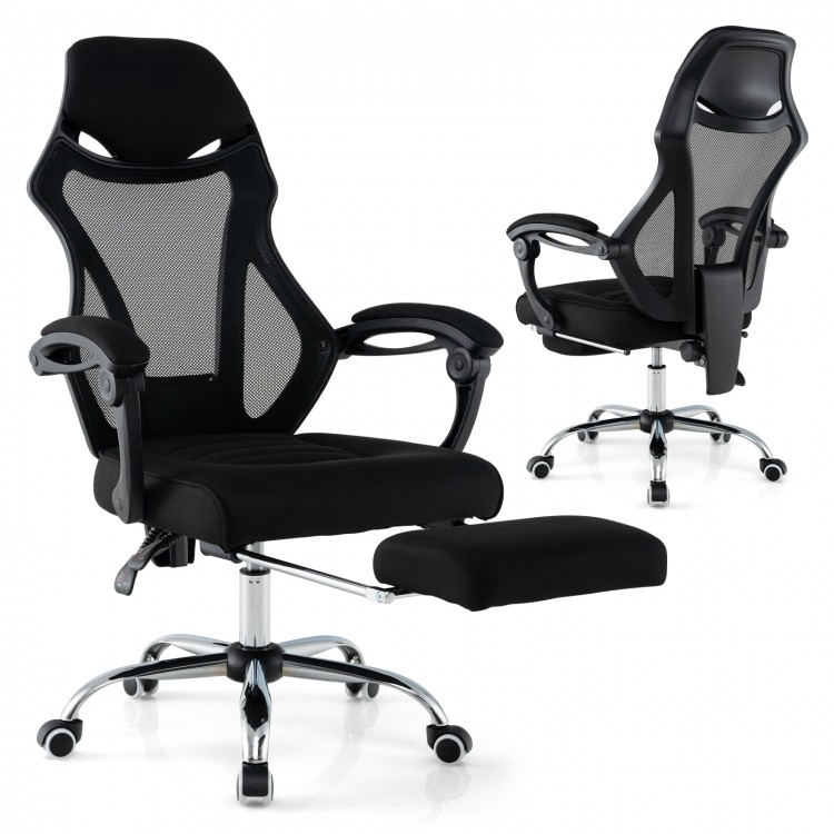 Side view of the ergonomic mesh office chair with retractable footrest and adjustable angles for personalized comfort.