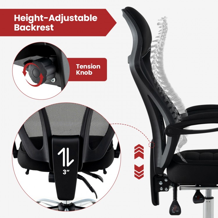 Height-adjustable backrest knob of the ergonomic mesh office chair with footrest for customizable comfort and support.
