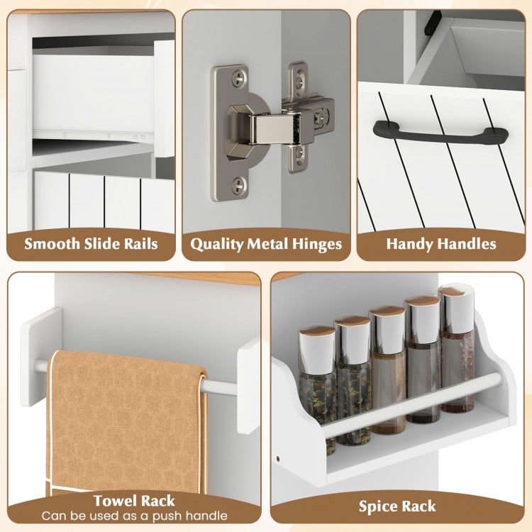 Mobile kitchen island table features a towel rack, spice rack, and quality metal hinges for convenient storage and.