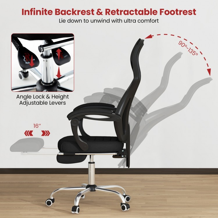 Ergonomic black mesh office chair with retractable footrest and adjustable backrest, perfect for ultimate comfort.