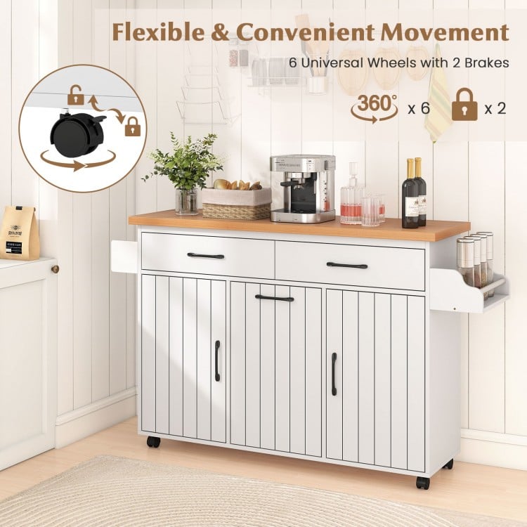 Mobile kitchen island table in white with 360° wheels, drawers, and trash bag storage for convenient dining room use.