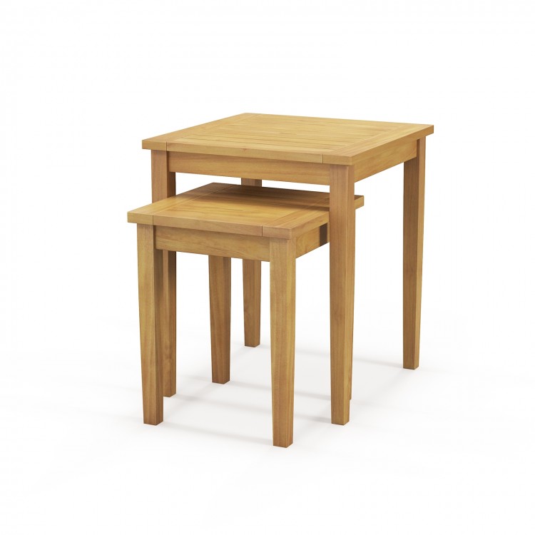 Nesting tables made of premium teak wood, showcasing natural texture, perfect for outdoor patio or indoor use.