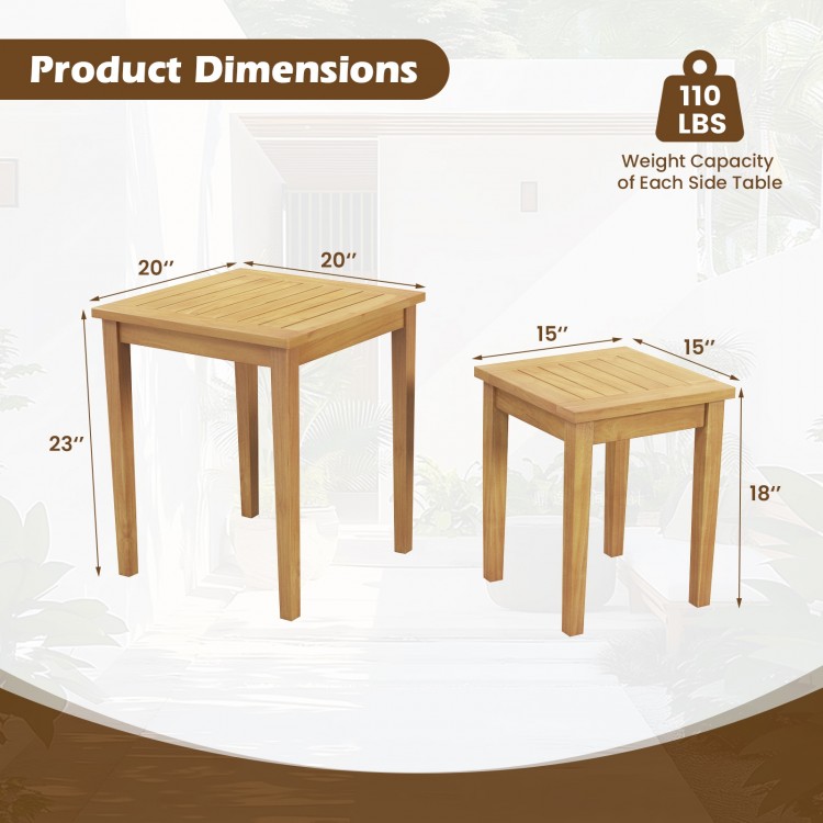 Teak wood outdoor patio nesting tables with dimensions, showcasing space-saving design for versatile arrangement.