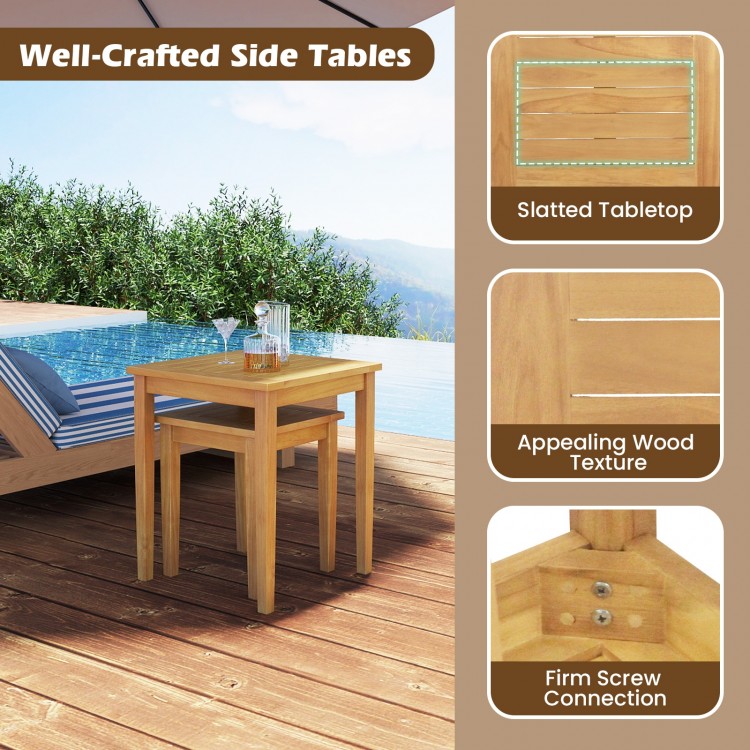 Teak wood outdoor patio nesting tables with slatted tabletop, showcasing natural wood texture for versatile.