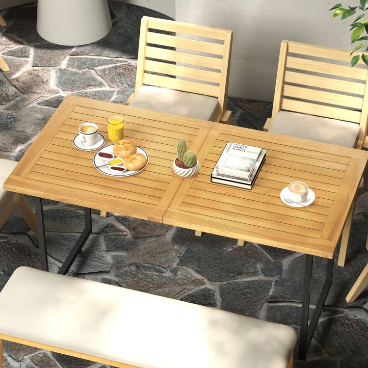 Teak wood slatted tabletop split into 2 squares, ideal for indoor or outdoor dining gatherings.