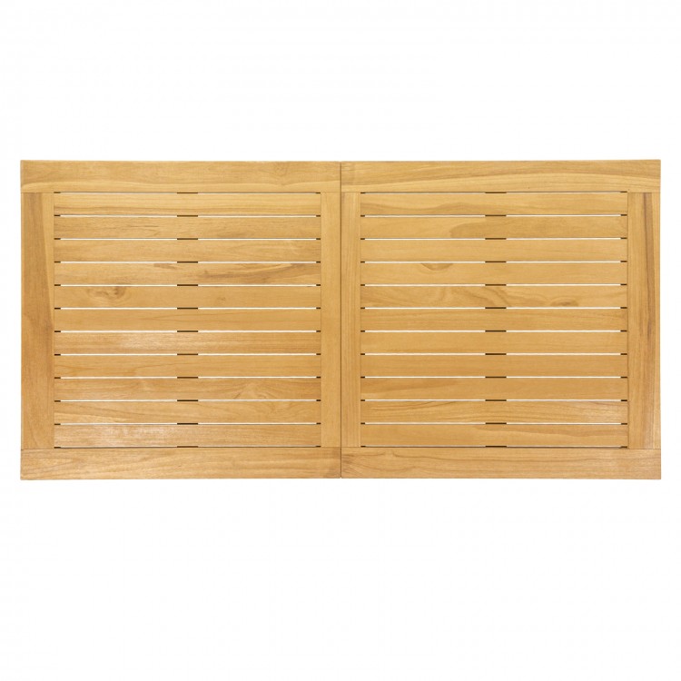 Teak wood slatted tabletop panel, split into 2 squares, 55" x 27.5", ideal for indoor or outdoor dining.