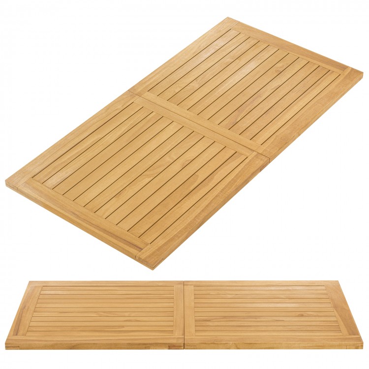 Teak wood slatted tabletop panel, split into 2 squares, 55" x 27.5", ideal for indoor or outdoor gatherings.