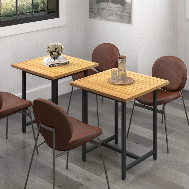Teak wood slatted tabletop table split into 2 squares, ideal for indoor or outdoor gatherings and stylish decor.