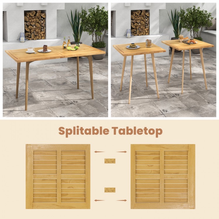 Teak wood slatted tabletop panel split into two square sections, ideal for indoor or outdoor dining gatherings.