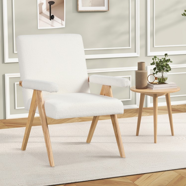 Mid Century Modern accent chair in white Sherpa fabric with rubber wood frame, ideal for living rooms or bedrooms.