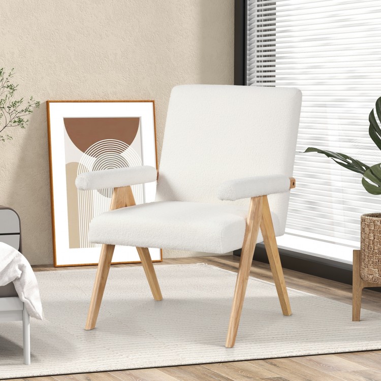 Mid Century Modern accent chair in white Sherpa fabric with rubber wood frame, ideal for living rooms and bedrooms.