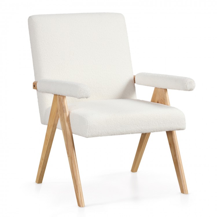 Mid Century Modern accent chair in white Sherpa fabric with rubber wood frame and padded armrests for stylish comfort.