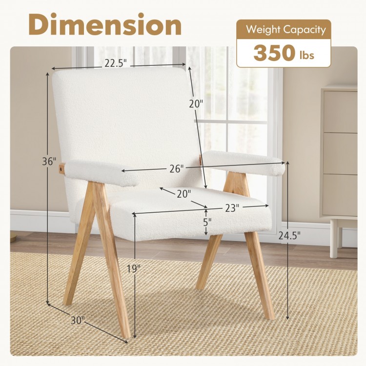 Mid Century Modern accent chair in white with rubber wood frame, padded armrests, and ergonomic design for comfort.