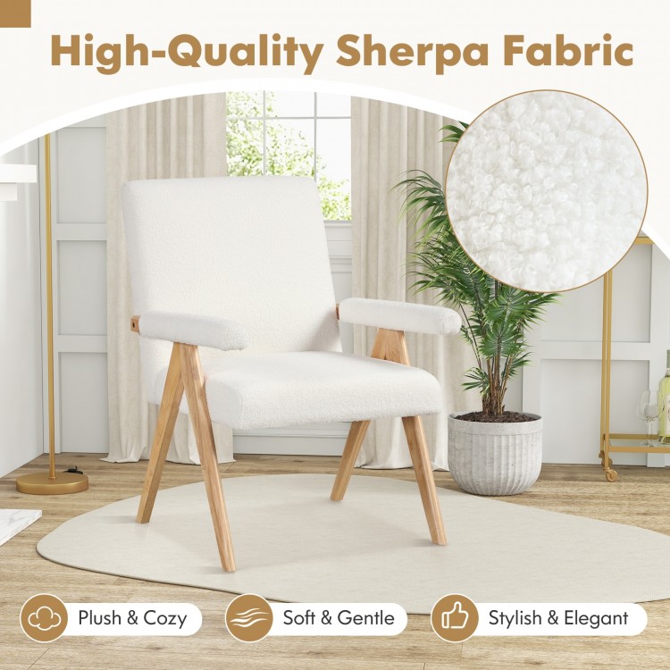 Close-up of the plush Sherpa fabric texture on a Mid Century Modern accent chair with rubber wood frame for cozy.