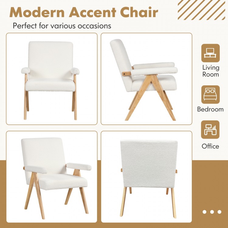 Mid Century Modern accent chair showcasing a solid rubber wood frame and cozy Sherpa fabric, perfect for office use.