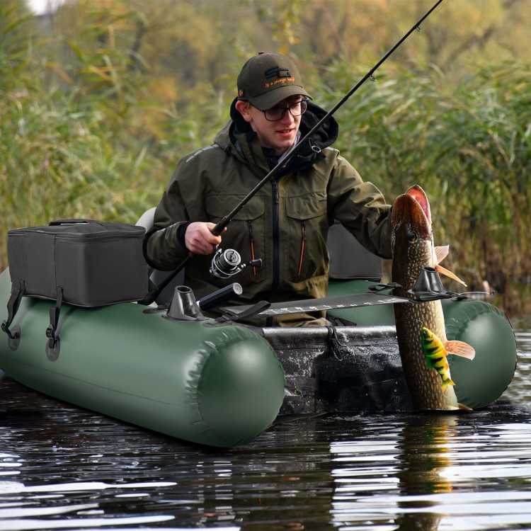 Inflatable fishing float tube in green with adjustable backrest, fish ruler, and storage pockets for angling.