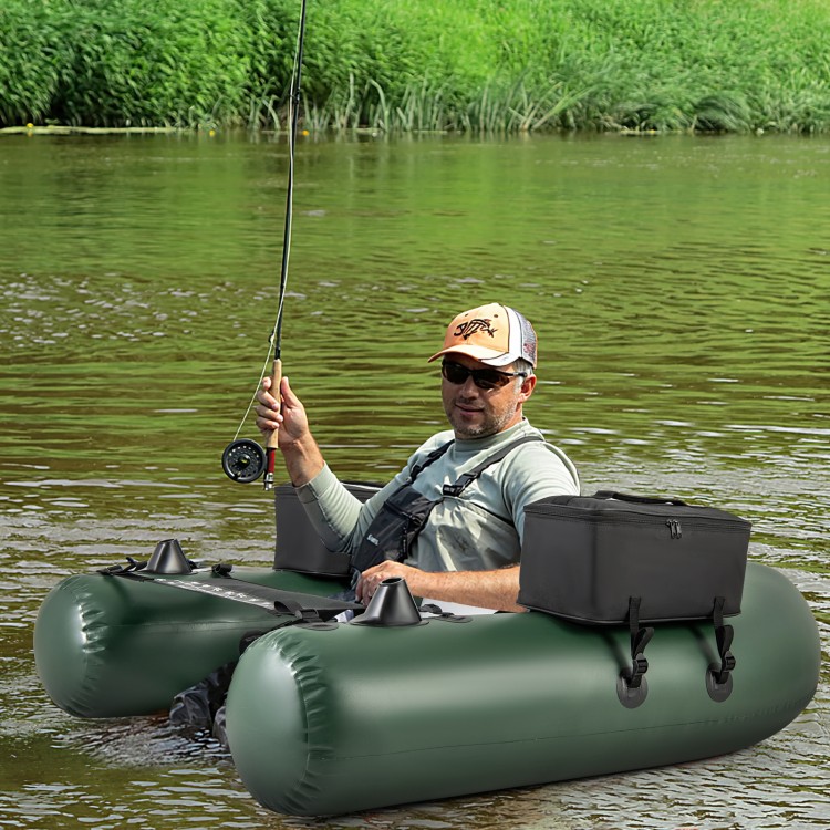 Inflatable fishing float tube in green with thick waterproof seat and angling base for comfortable fishing adventures.