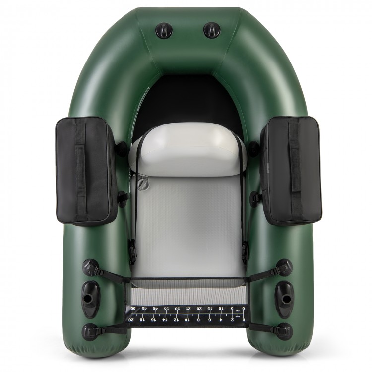 Inflatable fishing float tube in green with adjustable backrest, storage pockets, and built-in fish ruler for angling.