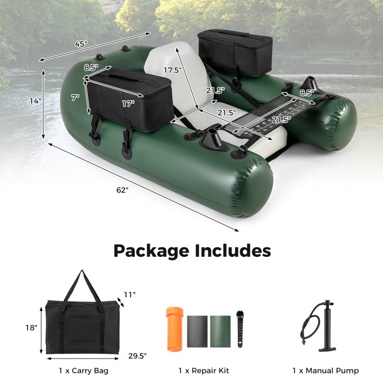 Inflatable fishing float tube in green with two storage pockets and reinforced drop stitch core for enhanced durability.