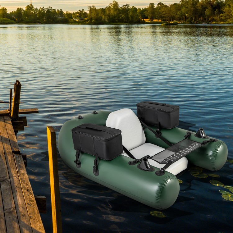 Inflatable fishing float tube in green with adjustable backrest and storage pockets, ideal for angling on the water.